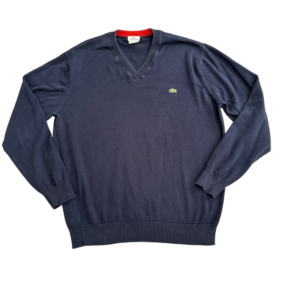 Lacoste V-Neck Sweater Mens Size 6 (US Large) Navy Blue 100% Cotton Pullover